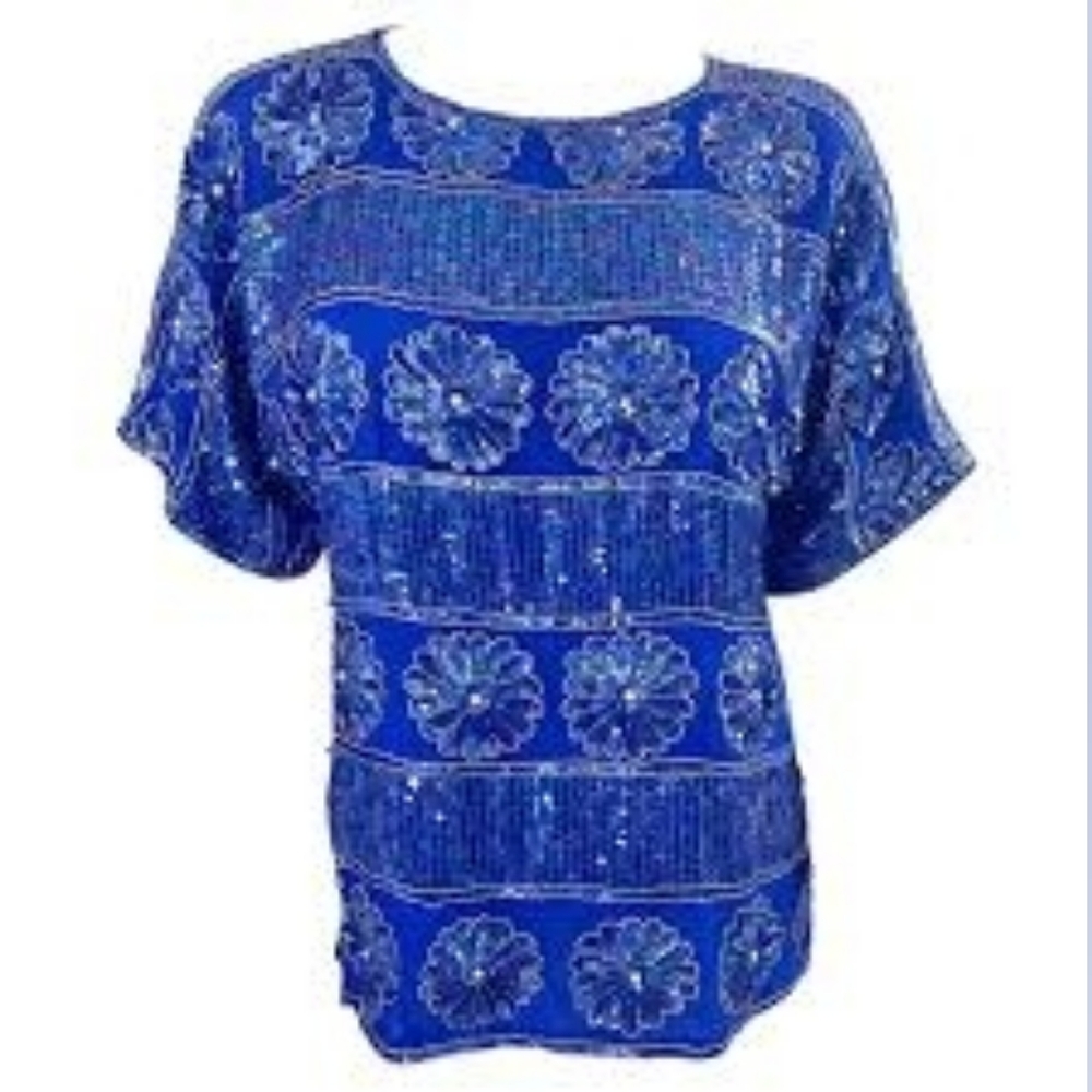 Nina Couture Vintage royal blue sequined and beaded blouse Top Size Large